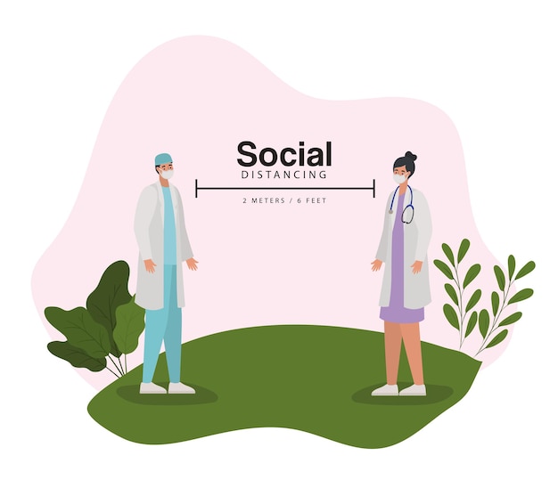 Allontanamento sociale, due metri e sei piedi con un medico uomo e una donna su un prato verde
