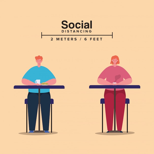 Социальное дистанцирование между женщиной и мужчиной на столах с кофейными кружками