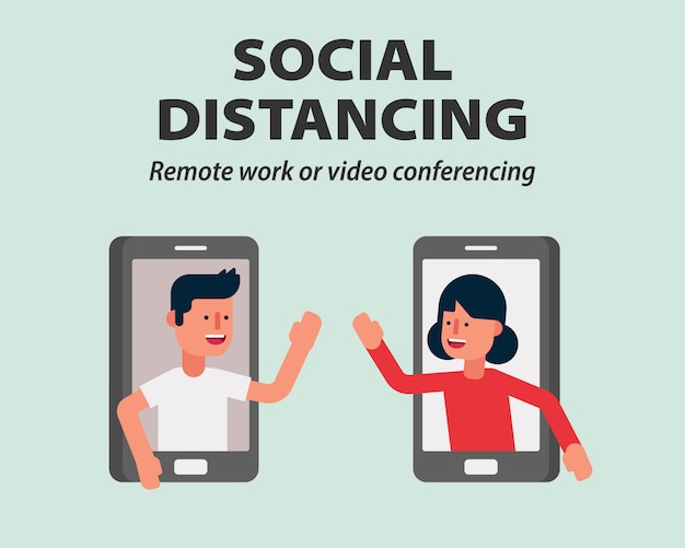 Vector social distancing, work from home or mobile video conference call protecting from covid-19, coronavirus  illustration infographic flat design