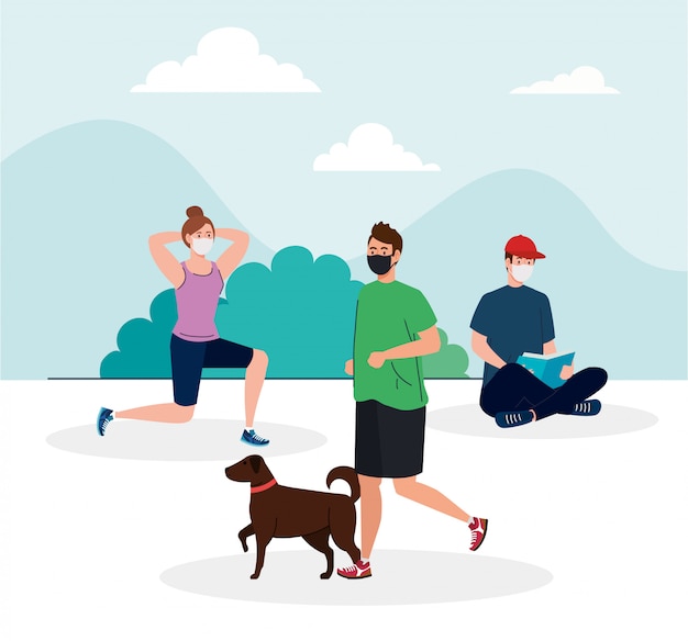 social distancing, young people wearing medical mask, practicing sport and doing activities outdoor, coronavirus covid 19 prevention