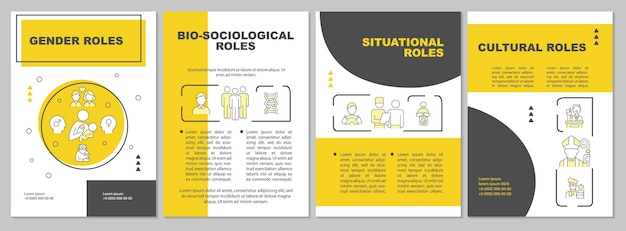 Funzione sociale nel modello di brochure giallo della comunità. volantino di ruolo personale, opuscolo, stampa di volantini, design di copertina con icone lineari. layout vettoriali per presentazioni, relazioni annuali, pagine pubblicitarie