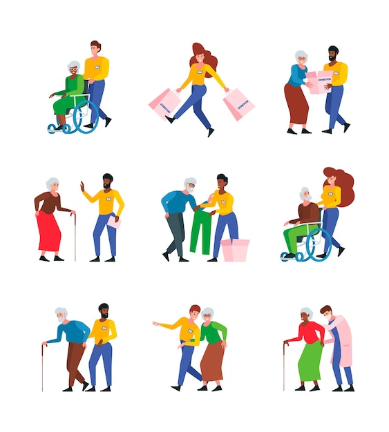 Vector social help characters persons male and female workers of support service helping to seniors elderly characters caring nurse garish vector cartoon collection