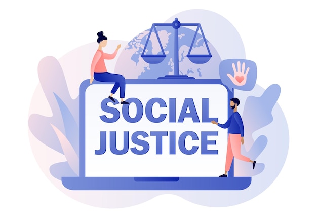 Social justice text on laptop screen Human rights concept Scales as symbol of equality freedom