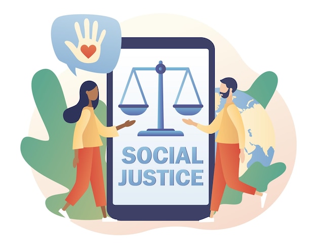 Текст социальной справедливости на экране смартфона концепция прав человека крошечные люди за толерантность