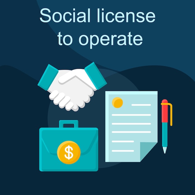 Social license to operate flat concept vector icon. Stakeholders idea cartoon color illustrations. Corpoate social responsibility. Trust. Agreement, deal, partnership. Isolated graphic design element