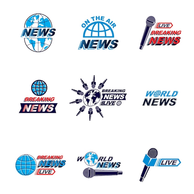 Vector social mass media logo, emblems and poster vector templates collection. blue earth, journalistic microphones composed with news, breaking news and live news writings.