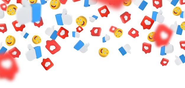 Sfondo 3d dei social media emoji con sorriso cadente e icone simili al cuore illustrazione vettoriale sullo sfondo delle reazioni dei social network
