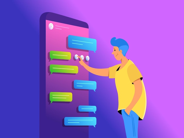 チャットやインスタントメッセージの送信にモバイルアプリを使用して、大きなスマートフォンの近くに立っている若い男のテキストメッセージの概念ベクトルイラストのソーシャルメディアアプリ。コピースペースと紫色のグラデーションバナー