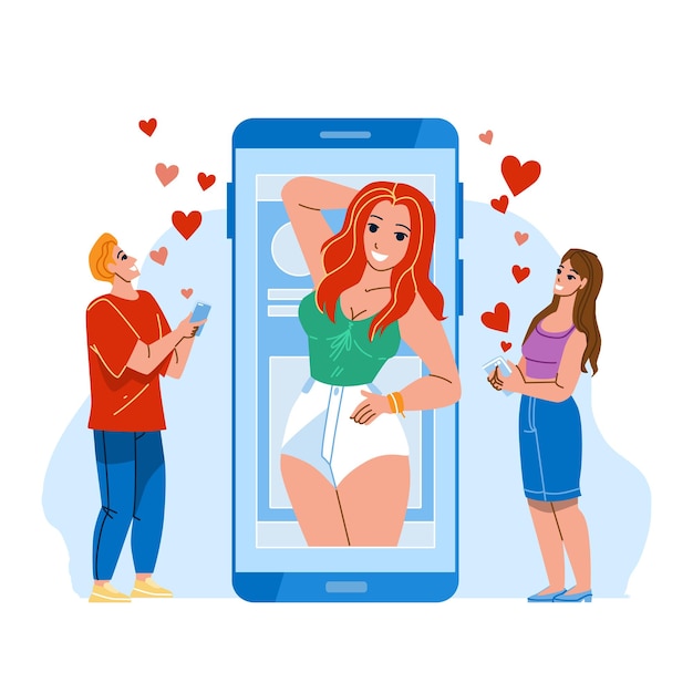 Vettore app di social media per condividere e come vettore di foto. applicazione di social media che utilizza uomo e donna per la valutazione della fotografia di ragazze online. personaggi guardando foto su smartphone piatto cartoon illustrazione