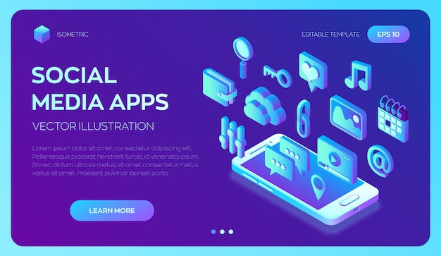 스마트 폰의 소셜 미디어 앱. 소셜 미디어 3d 아이소 메트릭.