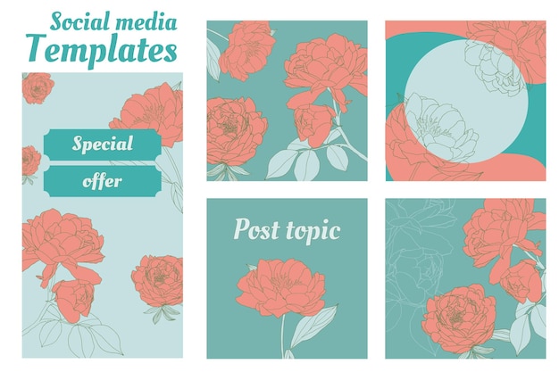 Modelli di sfondo dei social media fiori di peonia disegnati a mano