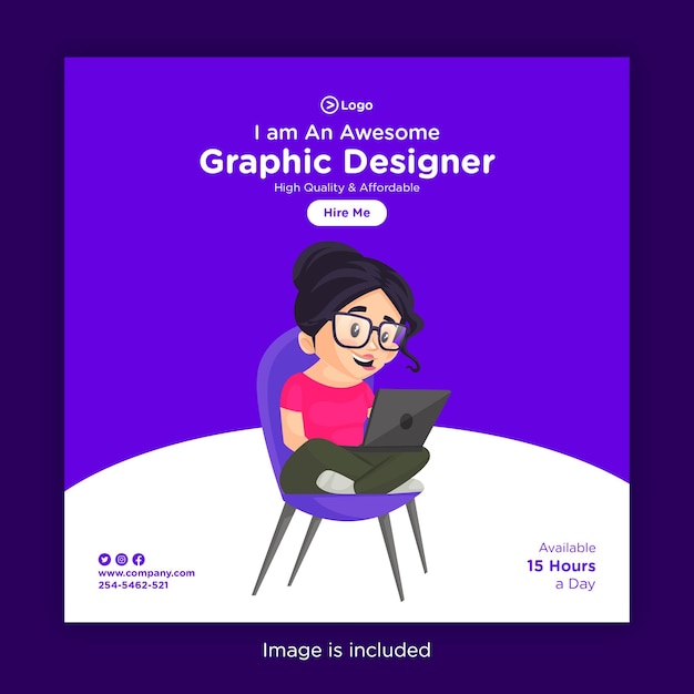 Social media banner design template of girl working on a laptop