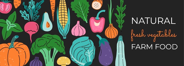 Social media banner, fresh vegetables. Hand drawn trendy modern template. Concept of colorful organic plants.