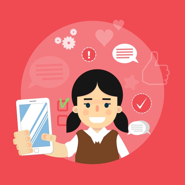 Social media banner. Girl with smartphone