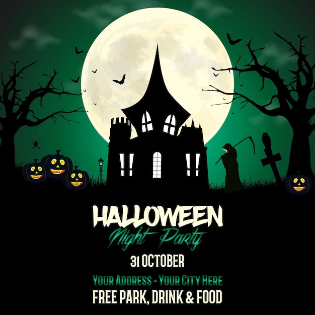 Social media banner for Halloween night. Ghost club party, festival, holiday celebration