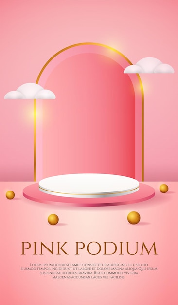 Social media banner met 3d-product weergeven roze podium en witte wolken