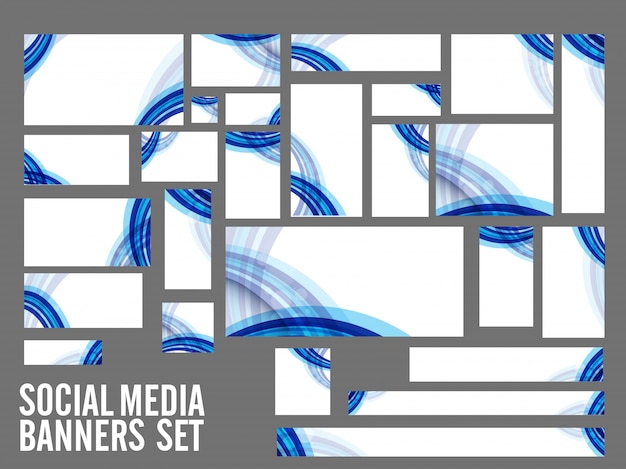 Social media banners with blue stripes.