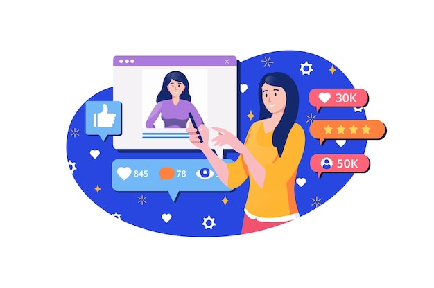 Social media blue concept with people scene in the flat cartoon design girl follows the update