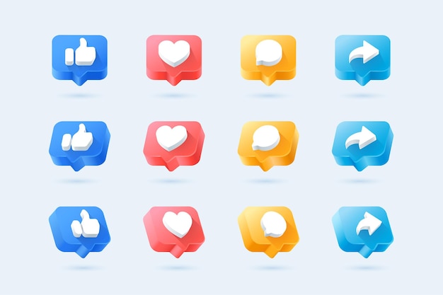 Vettore social media icona bolla set pollici commentare condividere e amare lo stile 3d.