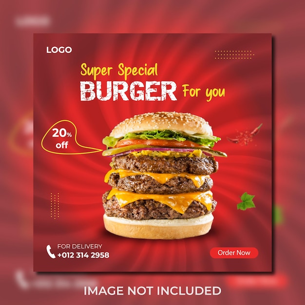 Social media promozione alimentare di hamburger e modello di post banner instagram