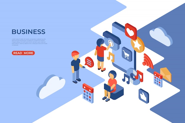 Social media and business isometric landing page