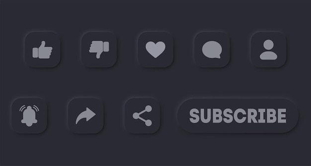 アプリのウェブサイトインターフェースソーシャルメディア用のニューモーフィックスタイルのUIデザインで設定されたソーシャルメディアボタン