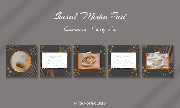 Social media carousel template with premium gold elements floral background