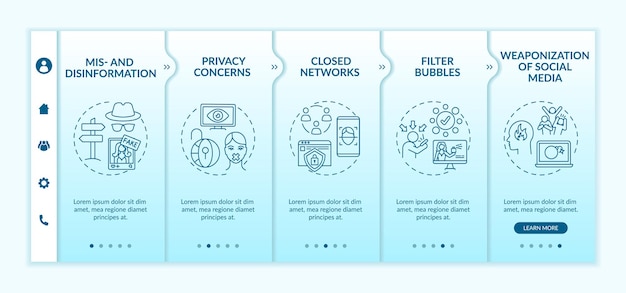 Вектор Проблемы социальных сетей для шаблона адаптации журналиста. проблемы конфиденциальности. фильтровать пузыри. адаптивный мобильный сайт с иконками. экраны пошагового просмотра веб-страниц.
