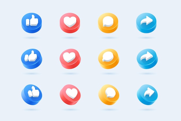 Vector social media circle icon set thumbs comment share and love 3d style