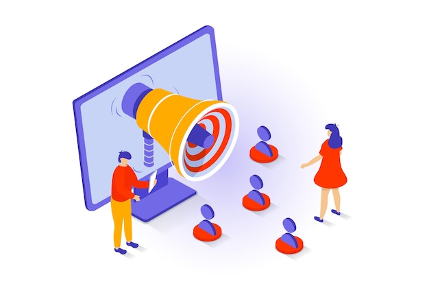 Social media concept in 3d isometric design people using megaphone and online advertising tools for promotion blogs and attracting followers vector illustration with isometry scene for web graphic
