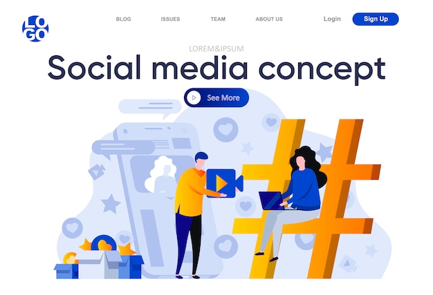 Vector social media concept flat landing page. marketing team creating quality video content for social media illustration. internet advertising promotion web page composition with people characters