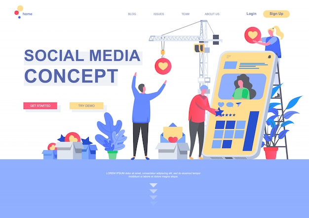 Social media concept flat landing page template. social media marketing, sharing, comments and following situation. web page with people characters. internet community connection illustration.