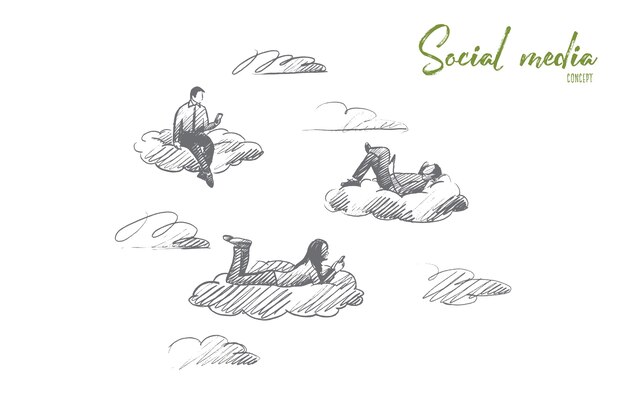 Social media concept. hand drawn people connected with digital devices. men and women have communication through the internet isolated illustration.