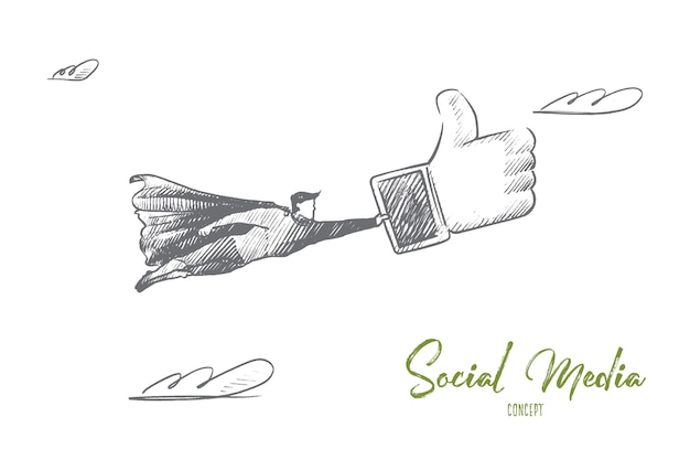 Social media concept. hand drawn superhero with big like in hand. flying man holds sign like from social network isolated illustration.