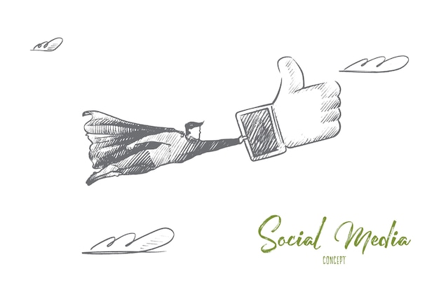 소셜 미디어 개념. 손에 같은 큰 손으로 그린 슈퍼 히어로. 비행 남자는 소셜 네트워크 고립 된 그림에서 같은 기호를 보유하고 있습니다.