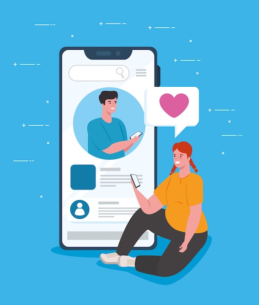 Social media concept, jong koppel chatten voor smartphone