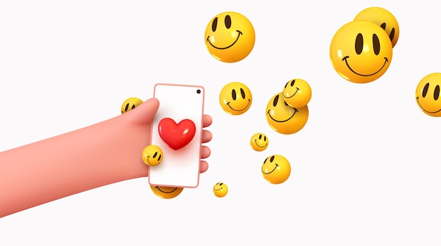 Social media concept. Marketing time. Realistic abstract 3d design. Cartoon style. In hand phone sends emoticons of emotions to friends. Mobile Template Social network. smile icon. Vector illustration