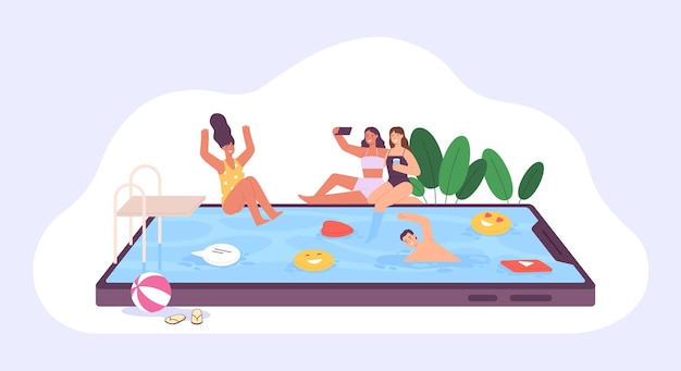 Social media concept met mensen zwemmen in telefoonpool Smartphone invloed op online berichten en apps Sociale netwerken verslaving vector poster