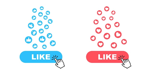 Social media concept. Red heart and blue thumb up scattered on white background. Big stream likes.