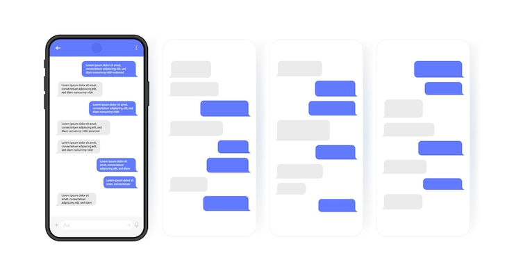 Vector social media  concept. smart phone with carousel  messenger chat screen. sms template bubbles for compose dialogues. modern  illustration  style.