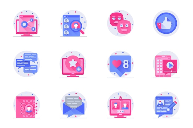Social media concept web flat color icons with shadow set Pack pictograms of internet communication