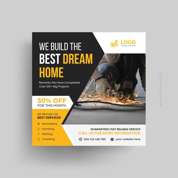 Vector social media construction post design huis reparatie bouwbureau social media design