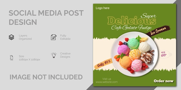 Vettore banner di poster di gelato delizioso sui social media o modello di progettazione di post di promozione