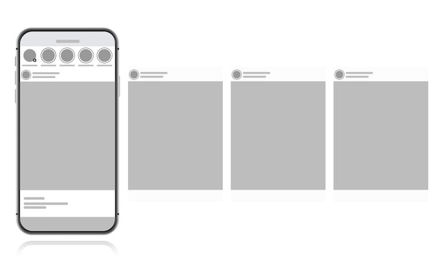 Concetto di design social media su uno sfondo bianco. smartphone con post interfaccia carosello sui social network. illustrazione di stile moderno piatto.