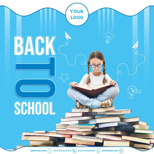 Social media design Instagram A girl sitting on a mountain of books and reading