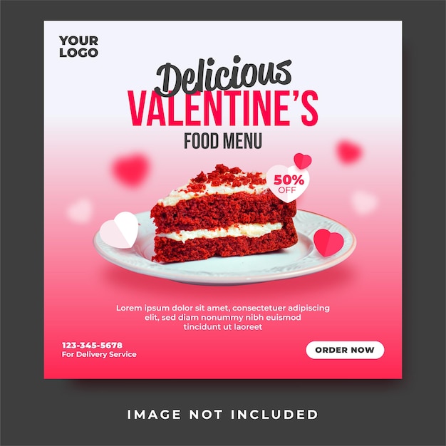 Modello di progettazione di social media per san valentino. modello di social media modificabile per la promozione del menu del cibo del ristorante.