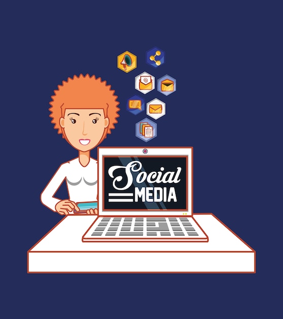 Vector social media design with cartoon woman and  related icons