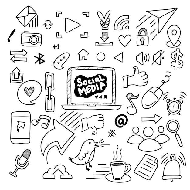 Vector social media doodle background with hand drawn elements