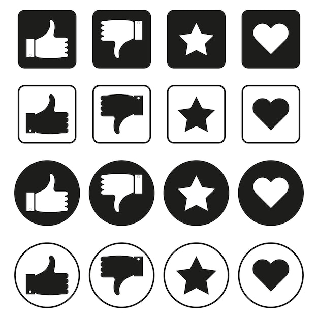 Icone di feedback sui social media bottoni like e dislike simbolo di valutazione stellare cuore