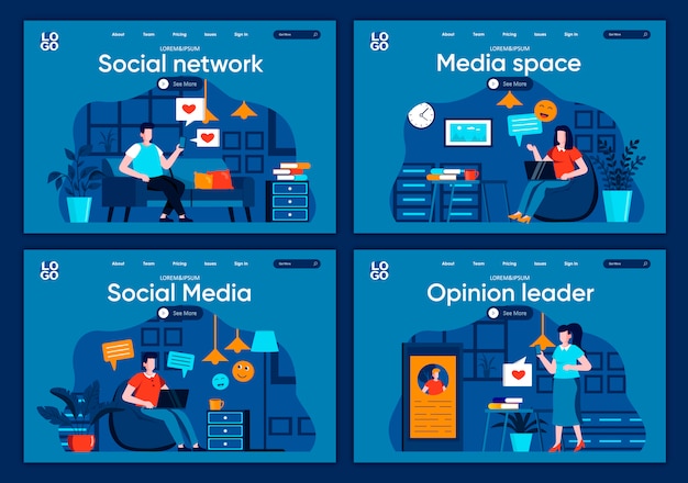Social media flat landing pages set. online communication and messaging with digital devices scenes for website or cms web page. social network, media space and opinion leader illustration